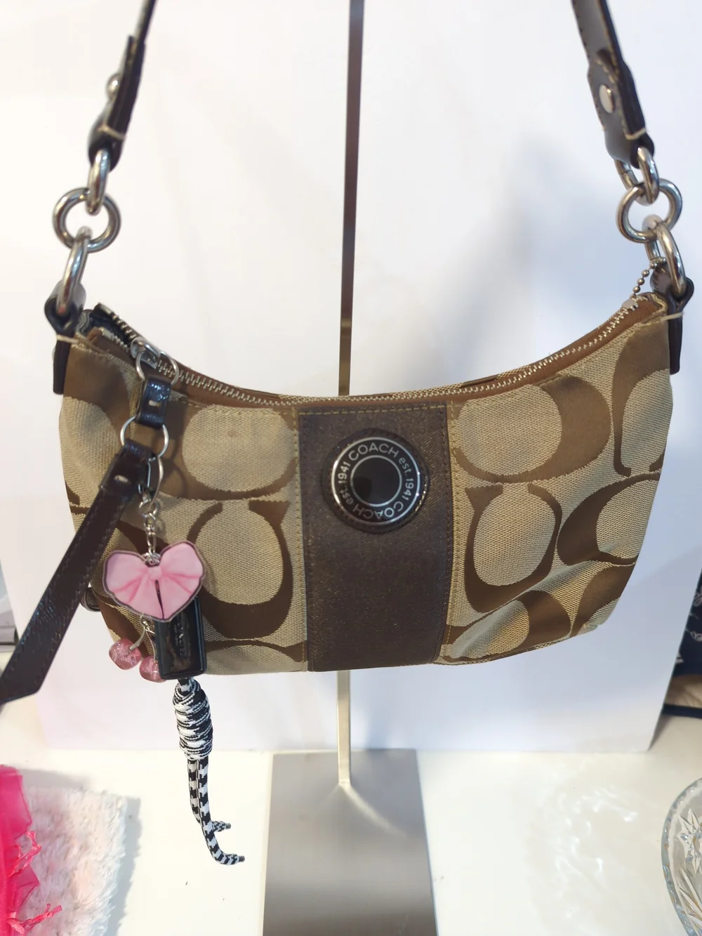 Coach Authentic Patent Leather Black Hangtag + Pink Heart Bow Cherry Bag Charm